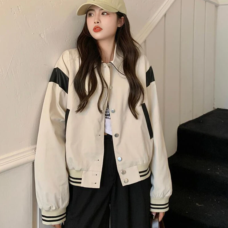 Rimocy Korean Fashion Baseball Uniform Jacket Women 2024 Chic Turn Down Collar Bomber Jackets Woman Streetwear Button Up Coats