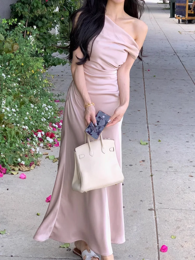 Ele Silk Blend Women's Dr ter Ne Slim Fit Fi Tail Gown Waist Cinched Summer Spring New Sle Long Evening Dr