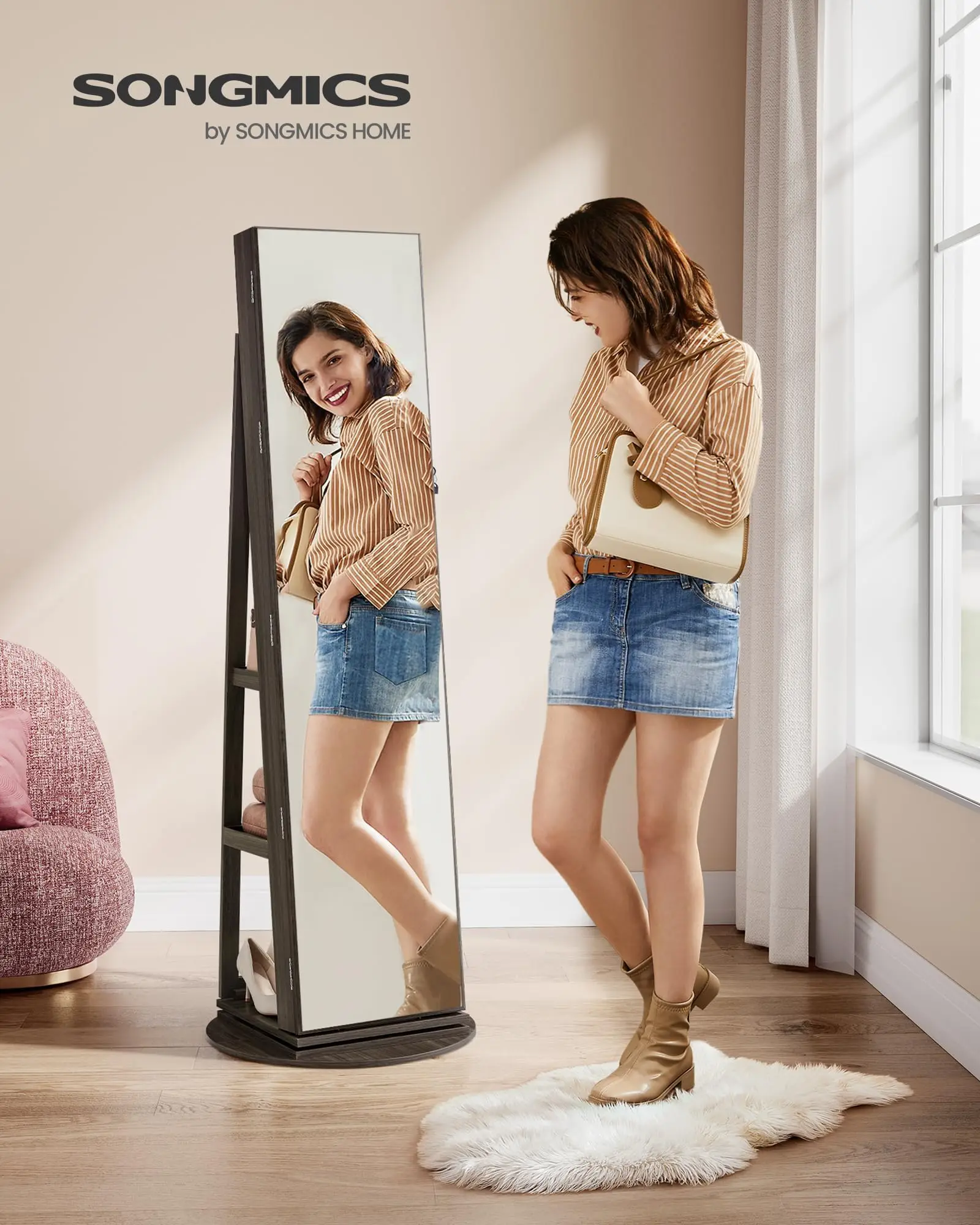 6 LEDs Mirror Jewelry Cabinet Organizer, 360° Swivel, Lockable