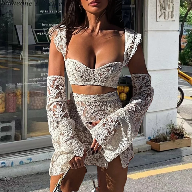 

Fashion Hollow Sling Top + Mini Skirt Women's Suit Elegant Crop Tight Party Outfit Personalized Street Lace Embroidery Two Piece