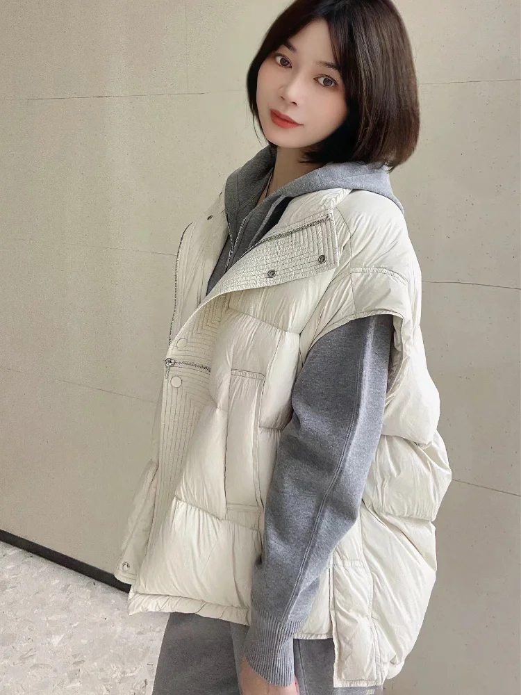 Women\'s Casual Stand-up Collar Down Jacket Vest, 90% White Duck Down, Loose Thin, Versatile, Sleeveless, Short, Winter Coats