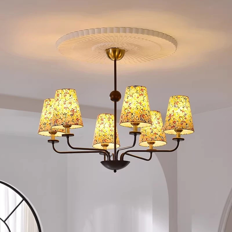 American retro floral master bedroom pendant light, fabric room light, French medieval garden style study lighting fixture