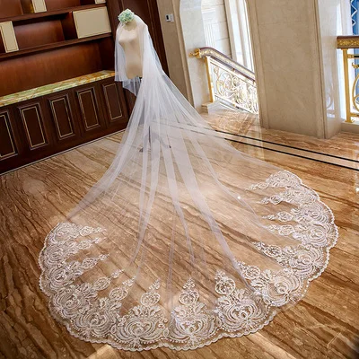 luxury Real Photos Long Lace Bridal Veil with Comb 4 meters 2 Layer Cathedral White Iovry Wedding Veil Wedding Accessories 2022