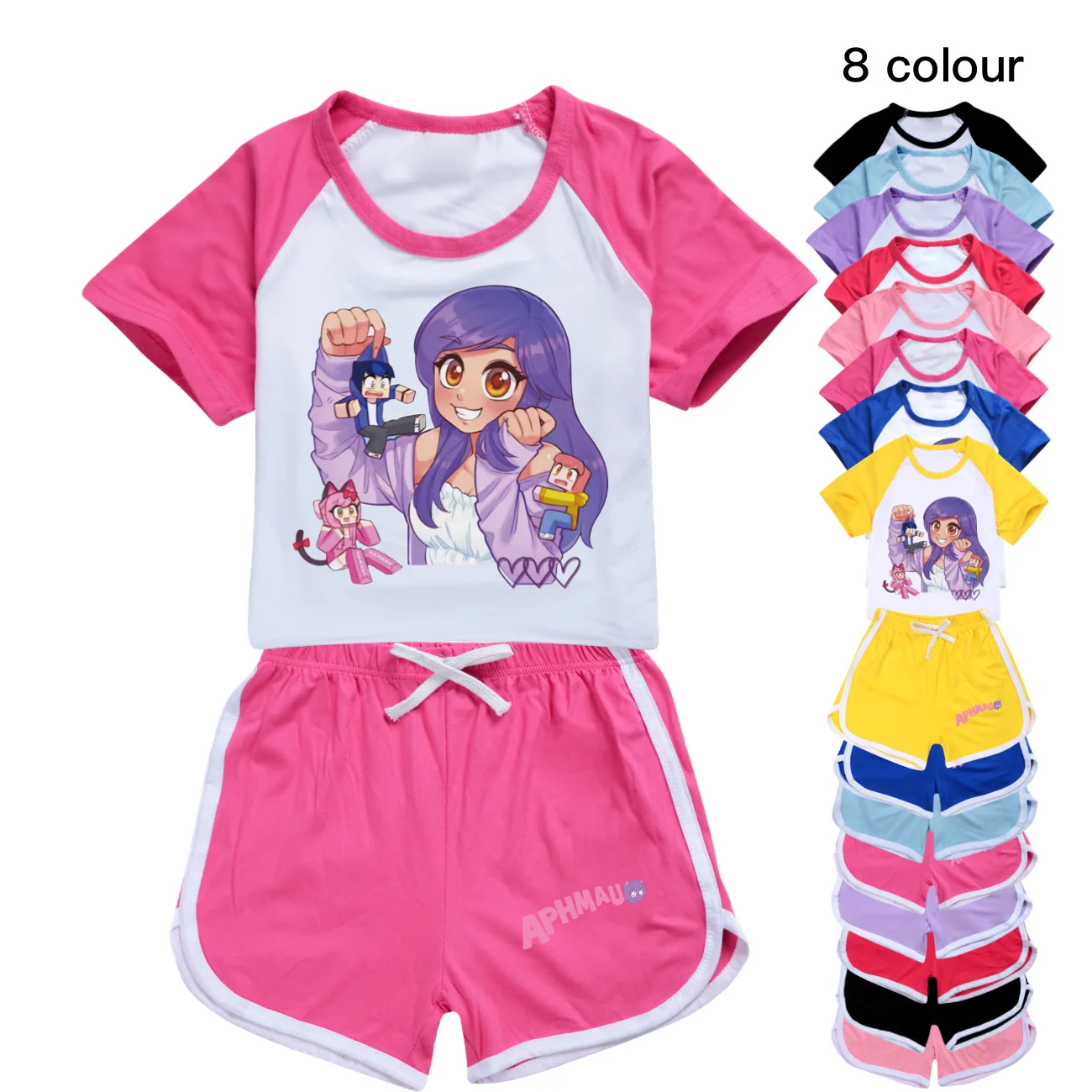 Teenager Boys Causal Sportsuit Cat APHMAU Clothes Kids Summer Short Sleeve Tops Shorts 2pcs Sets Baby Girls Aaron Lycan Tshirt