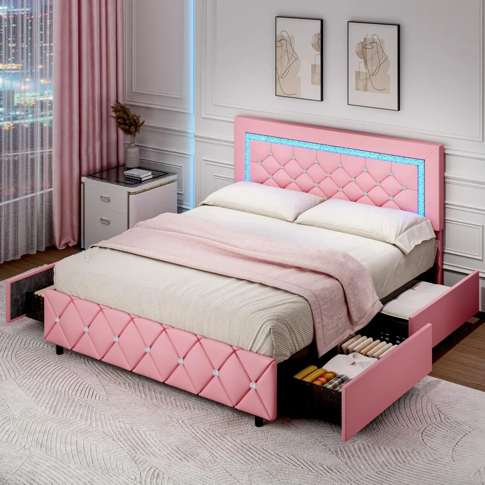 

Bed.Queen LED Bed Frame, Upholstered Bed Frame with Storage Drawers, Modern Platform Bed with Diamond Headboard and Footboard