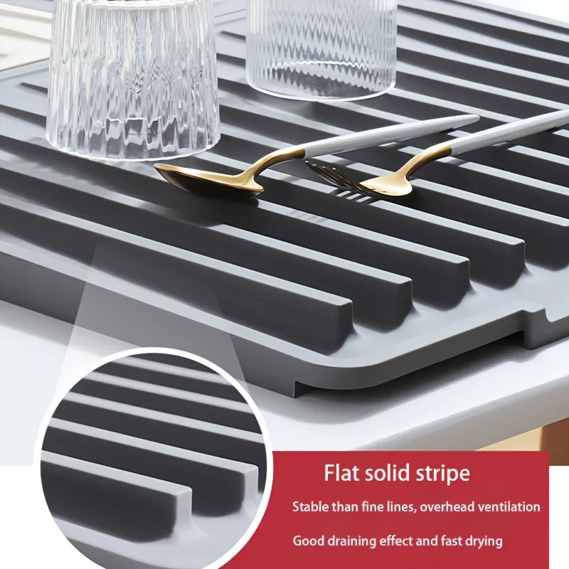 Large Silicone Dish Drying Mat with Drainage Channel, Non-Slip, Foldable Kitchen Counter Pad, Keeps Countertop Dry, Easy to Clea 6