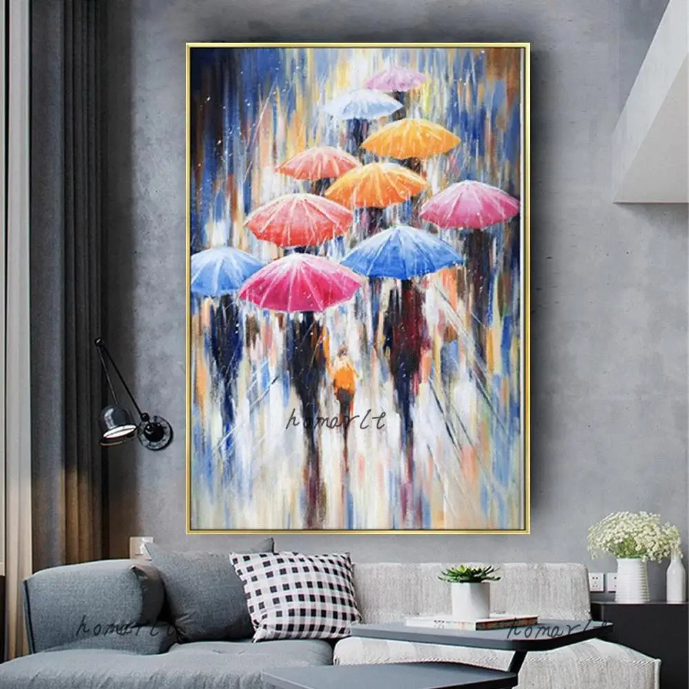 HandPainted Abstract Street Scene with Umbrellas Oil Painting on Canvas  Pop Indoor Home Decor Wall Art