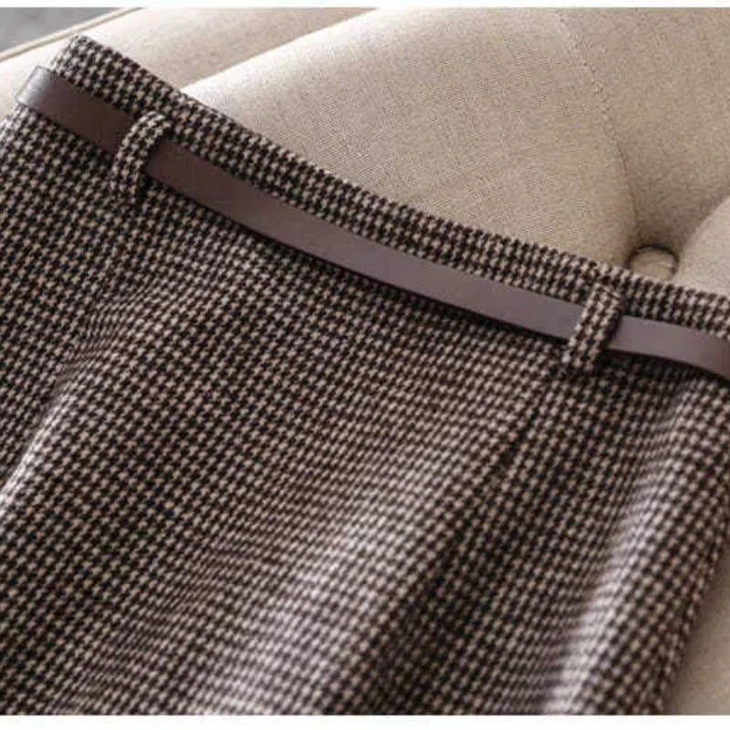 Koreaanse Mode Herfst Winter Vrouwen Effen Wollen Houndstooth Ritszakken Hoge Taille Split Chic Slim Midi A-lijn Hip Wrap Rok