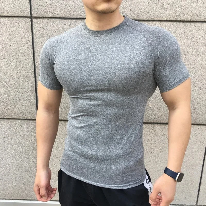 2024 New Men Summer Short Sleeve Fitness Shirt Running Sport Gym Compression T Shirt Workout Casual Elastic Force Tops Clothing