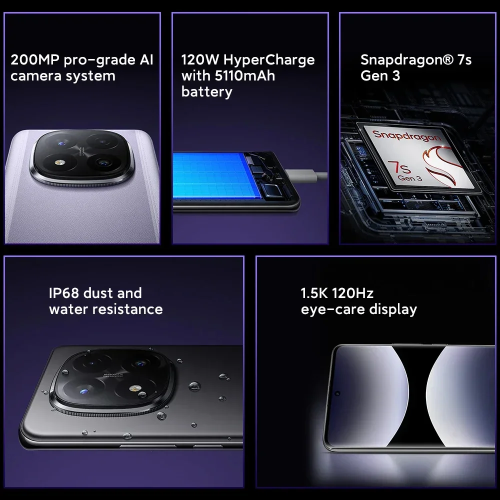 Wereldpremière Global Version Redmi Note 14 Pro+ 5G Smartphone Snapdragon 7s Gen 3 200MP Achteruitrijcamera 120W HyperCharge IP68