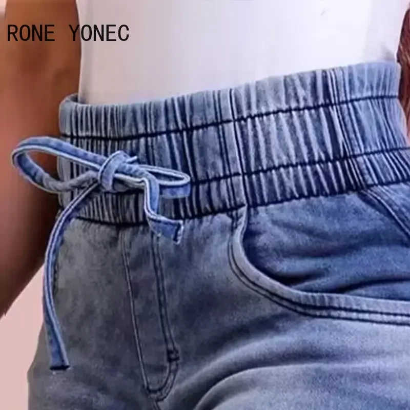 Shorts jeans casuais femininos, elástico na cintura, cordão, bolso de cintura alta, 2023