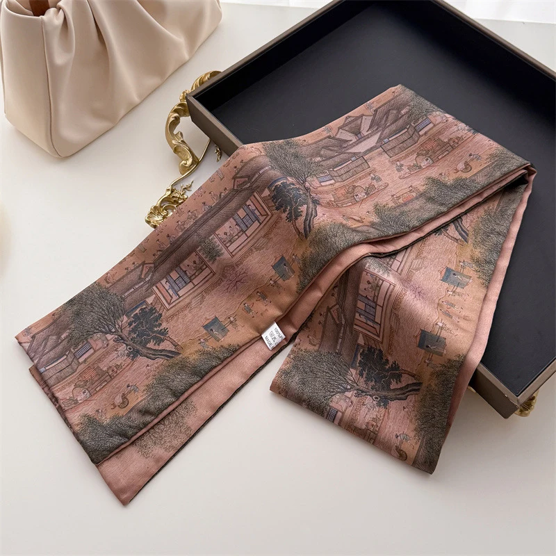 Women Silk Feel Ink Painting Design Scarf Shawl Retro Luxury Narrow Small Silk Scarves Lady Headband Headbands Choker Streamer