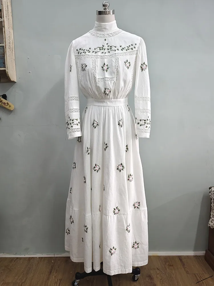96-104cmBust SpringFall White Maxi Dress Women Vintage Edwardian Elegant Slim Handmade Embroidery High Collar Cotton Linen Dress