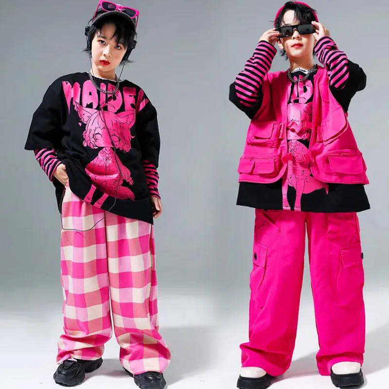 Kinderen Hiphop Outfits Bedrukt Sweatshirt Jongens Streetdance Pullover Roze Cargo Broek Meisjes Streetwear Kids Jazz Kleding Sets