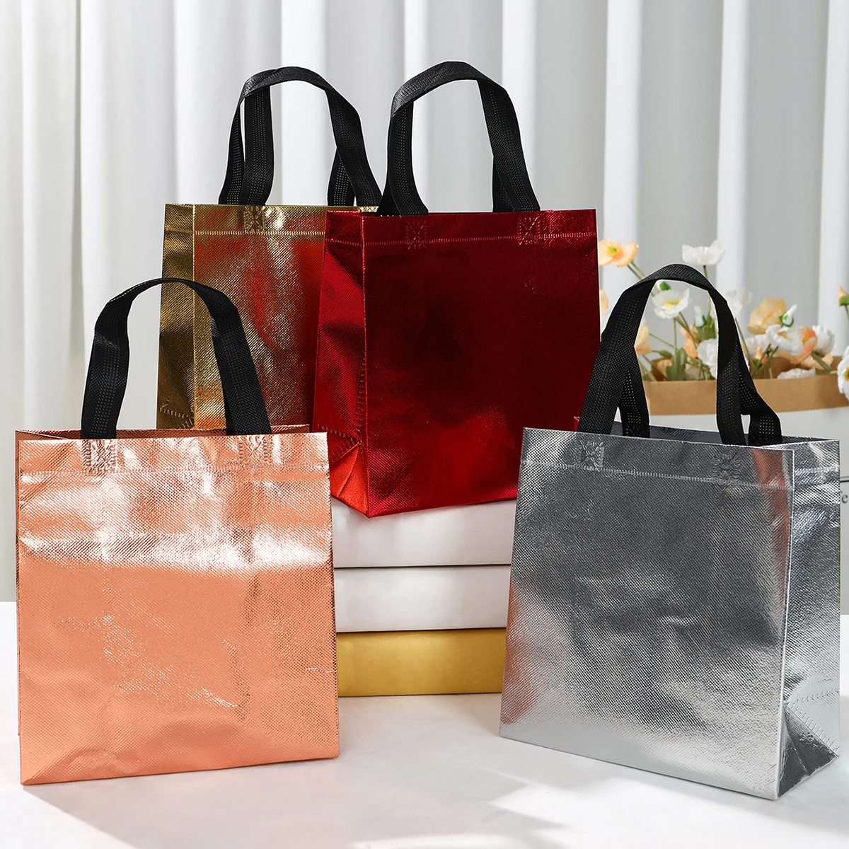 Bolsas de compras no tejidas reutilizables para mujer, bolsas de almacenamiento de viaje de gran capacidad, bolso de mano femenino con purpurina láser, bolsa ecológica de comestibles, 4 piezas
