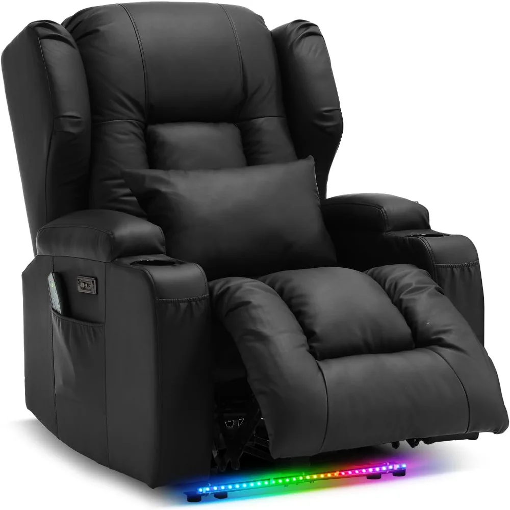 Power Recliner Chair, Massage and Heat, LED Lights, Cup Holders and Lumbar Pillow, Home Theater Seating Seats Power Gaming Sofa