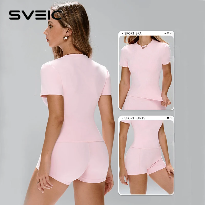 

SVEIC Спортивные комплекты для йоги с короткими рукавами, женский жилет, футболка для фитнеса, шорты, костюмы из двух предметов, топы для тренировок, женская одежда для бега в тренажерном зале
