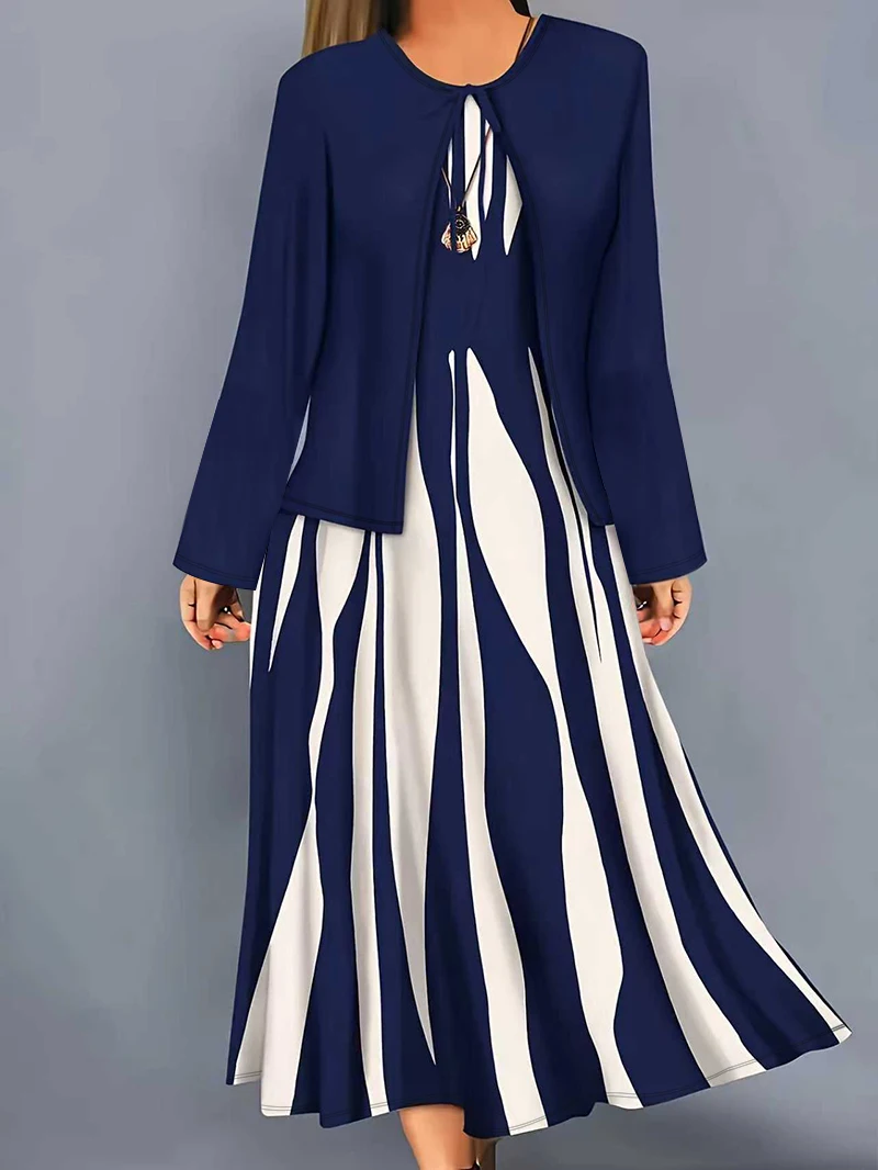 Women's Fashionable Cardigan Top Paired with a Geometric Pattern Printed Dress, Elegant 2-Piece Set - Machine Washable