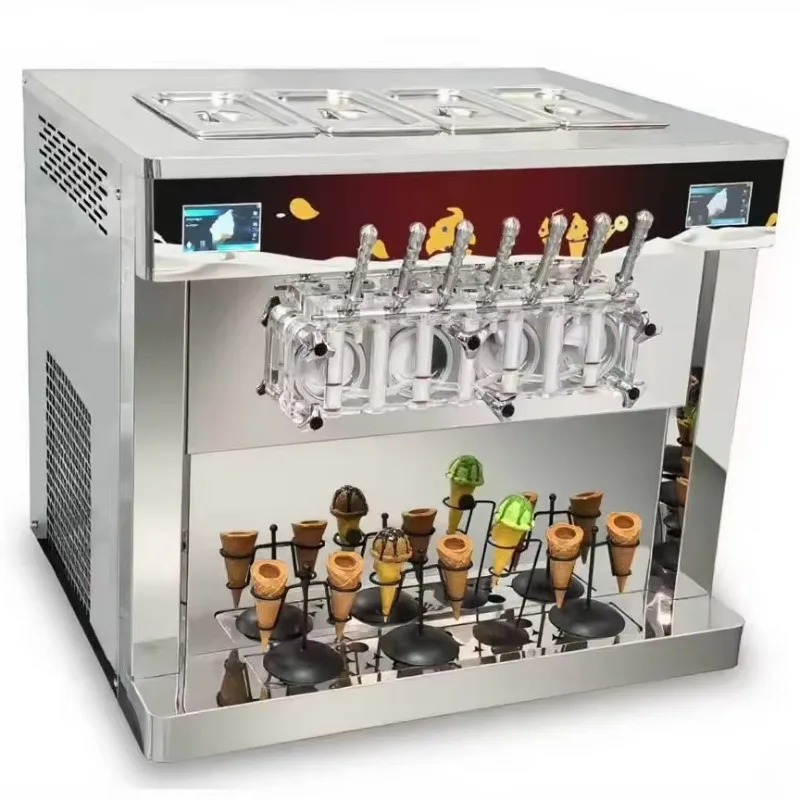 Custom Automatic Commercial Soft Serve Ice Cream Maker 4+3 Mix Flavors Soft Ice Cream Machine with Compressor