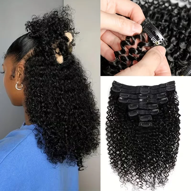 

8pcs/120g Deep Wave Human Hair Clip-In Hair Extensions #1B Natural Black 18 Clips Brazilian Virgin Real Seamless Double Curtain Design