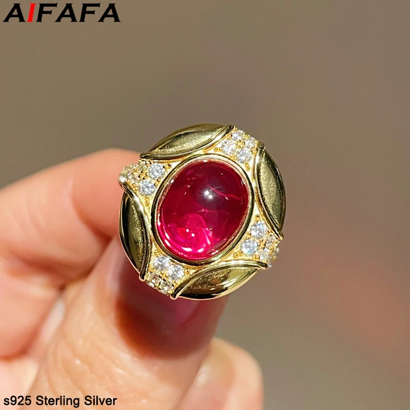Vintage Red Corundum Gold Rings s925 Silver Red Gemstone Women Finger Ring Gifts Fine Jewellery