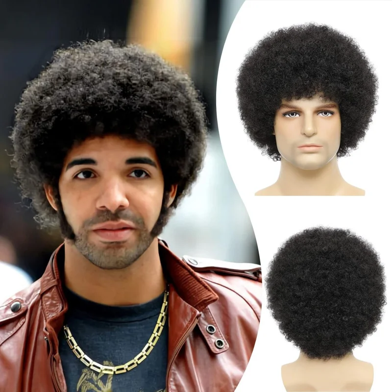 Afro Wig Men，70's Costumes for Men Heat Resistant Synthetic Disco Wig（Black,6 inch）