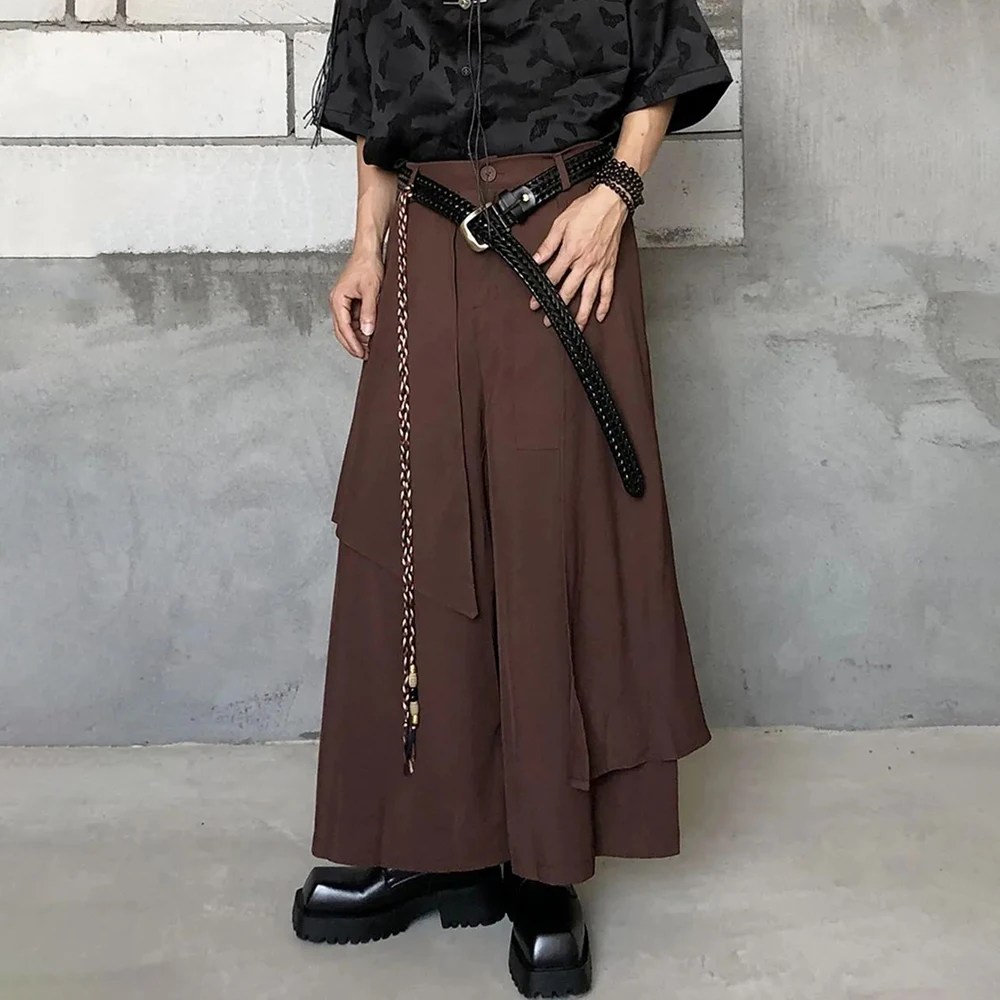 

Mens Chinese Style Retro Irregular Layered Culottes Essential Genderless Fashion Trend Double Layer Loose Wide Leg Pants Unisex