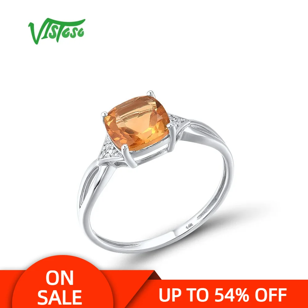 

VISTOSO Pure14K 585 White Gold Ring For Women Square Sparkling Citrine Diamond Anniversary Exquisite Gifts Classic Fine Jewelry