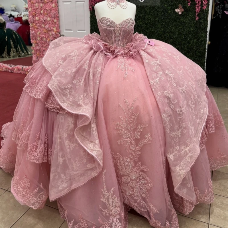 

Розовое блестящее бальное платье Quinceanera, платья с открытыми плечами, аппликация, кружево, бисер, многоуровневое тюлевое платье для вечеринки, дня рождения, сладкое платье 16, Vestid