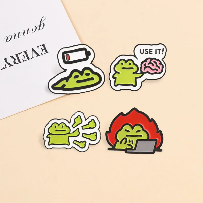 Funny Low Battery Frog Enamel Badge Angry Fire Frog USE IT Brain Thumbs Up Gesture Cartoon Animal Pins Lapel Decor Jewelry Gifts