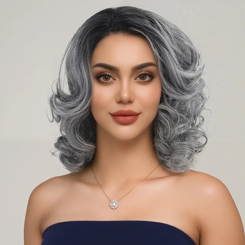 Women Ombre Grey Short Curly Wig Synthetic Heat Resistant Hair Wigs For Halloween Christmas Party Cosplay Costume Daily Wear