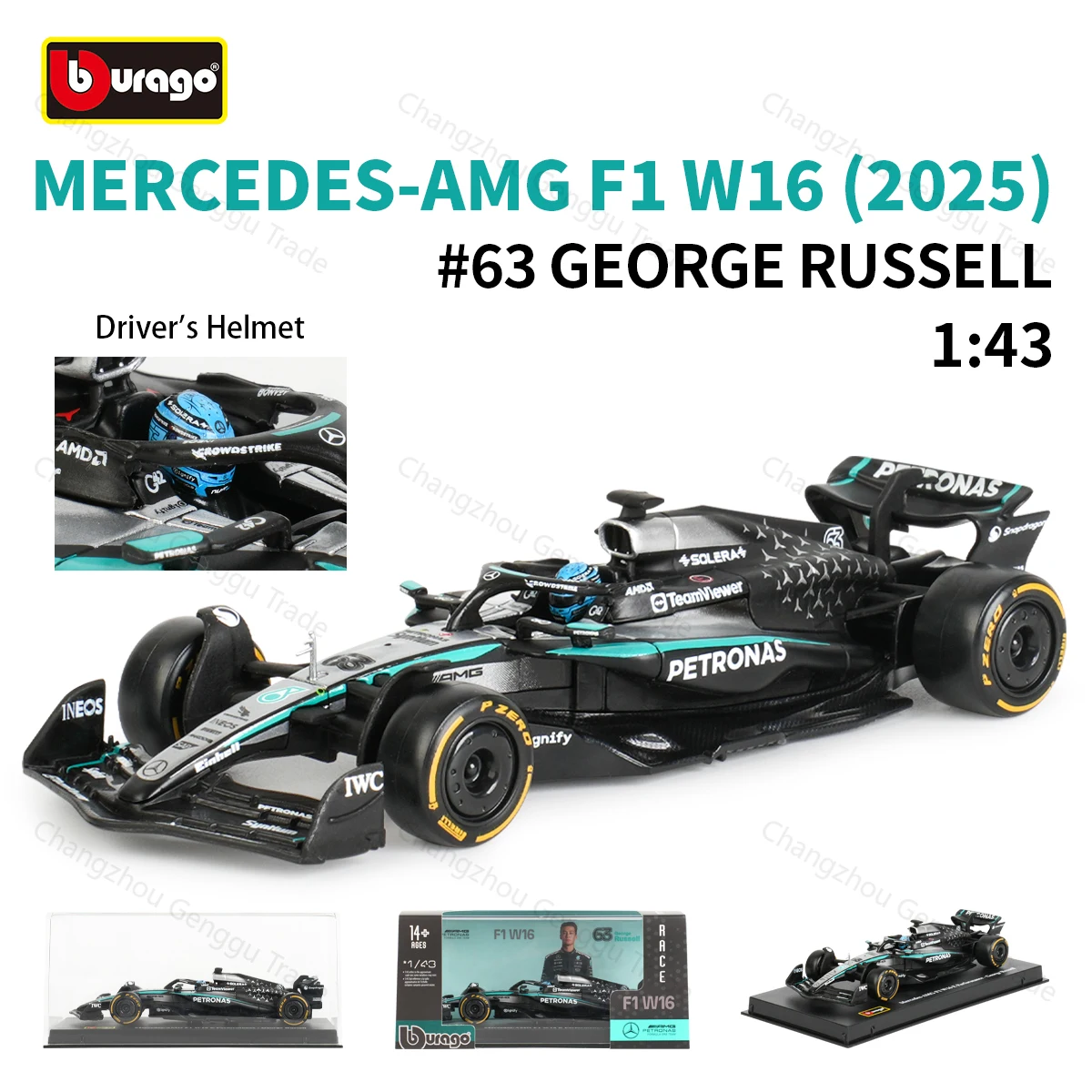 Bburago 1:43 مرسيدس AMG 2025 W16 E الأداء محاكاة ثابتة دييكاست سبيكة نموذج F1 سباق صيغة سيارة صندوق أكريليك #1