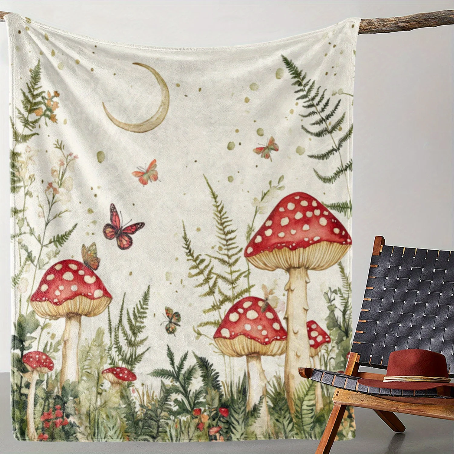 

1 шт. винтажное одеяло с цветочным рисунком лунного гриба и бабочки, полиэфирная ткань, можно стирать в машине, подходит для использования в спальне и гостиной