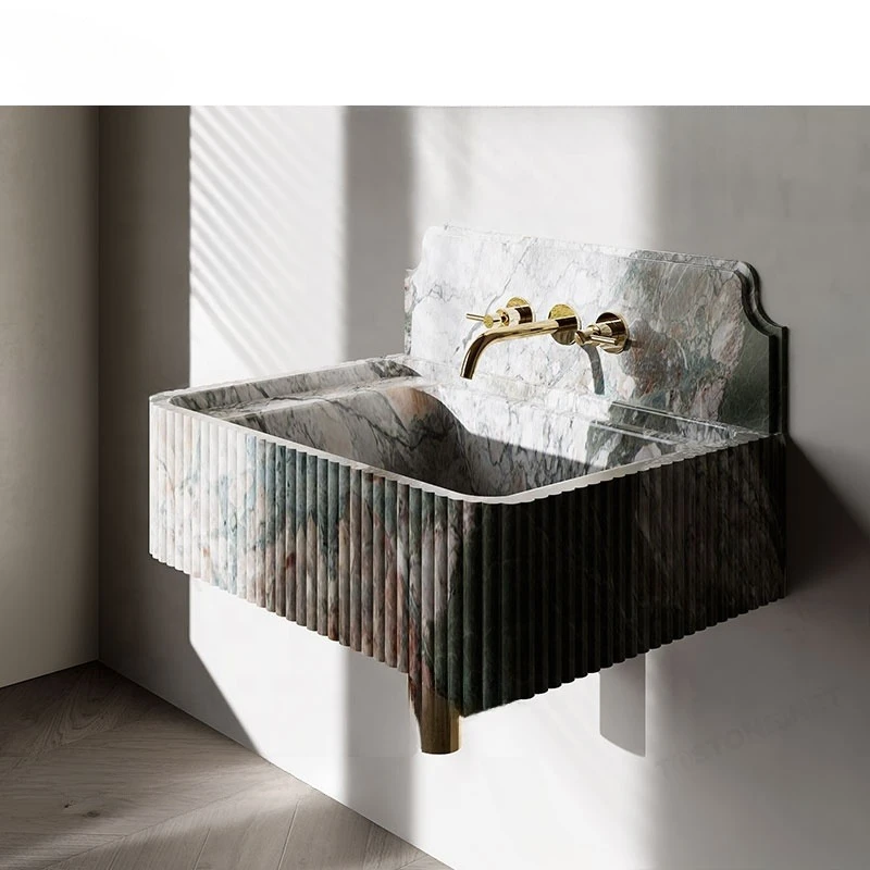 Waterproof natural cherry blossom marble small wall-mounted sink with custom logo support water droplets for bathroom decoration
