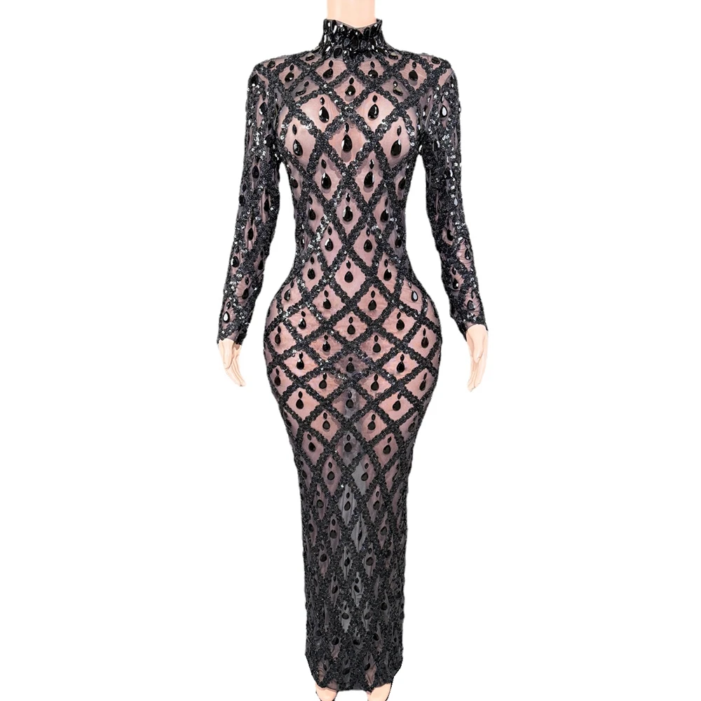 Robe longue à paillettes et cristaux scintillants pour femmes, tenue de soirée, de bal, d'anniversaire, sexy, transparente, Costume de spectacle, vêtements de scène