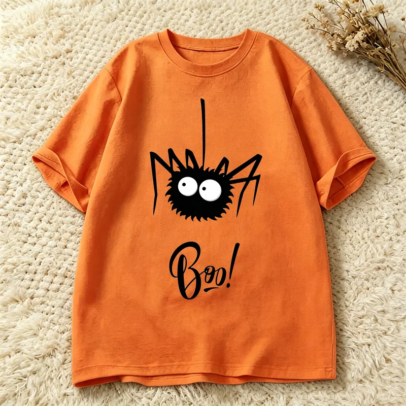 Cute Boo Spider Halloween T Shirt Women Funny Cartoon Print Crewneck Short Sleeve Casual Holiday Party Summer Cotton Tee Shirts