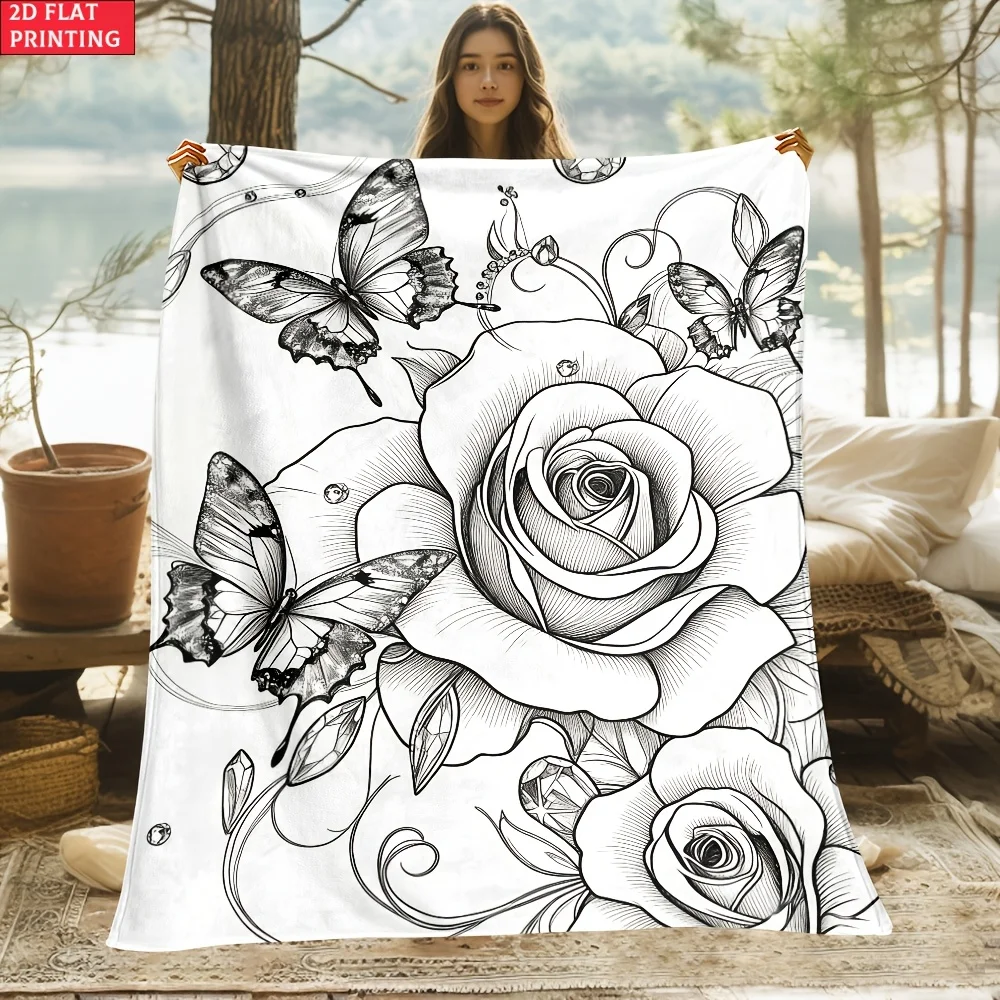 Portable Rose Butterfly Coloring Flannel Blanket, Lightweight Soft Warm for Travel Camping Home, 2D Flat Cozy Throw for Sofa Bed