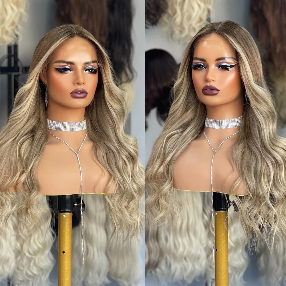Long Wavy Wig Luxury Brown Blonde Synthetic Lace Front Wig with Roots NaturalHuman Hair Blend Wigs Realisitc Look Wig Girls Gift