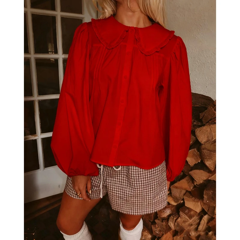 Combhasaki Women Solid Color Lantern Long Sleeve Shirt Tops Ruffled Lapel Doll Collar Casual Button Up Loose Fit Pleated Blouses