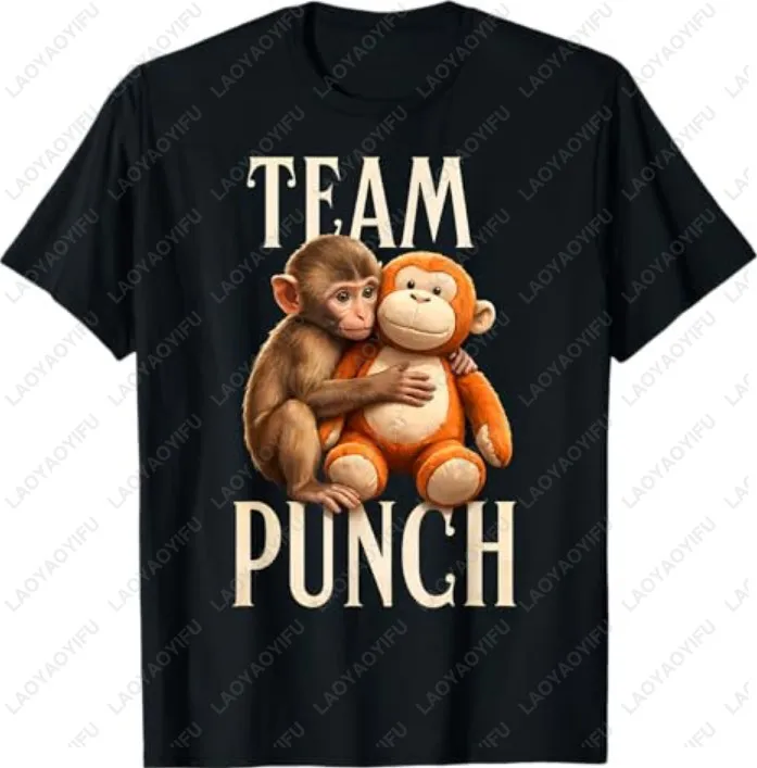 Monkey Punch Baby Monkey Holding A Plush Toy. Emotional T-shirt for Men/women, Casual and Fashionable Print, Streetwear Style.