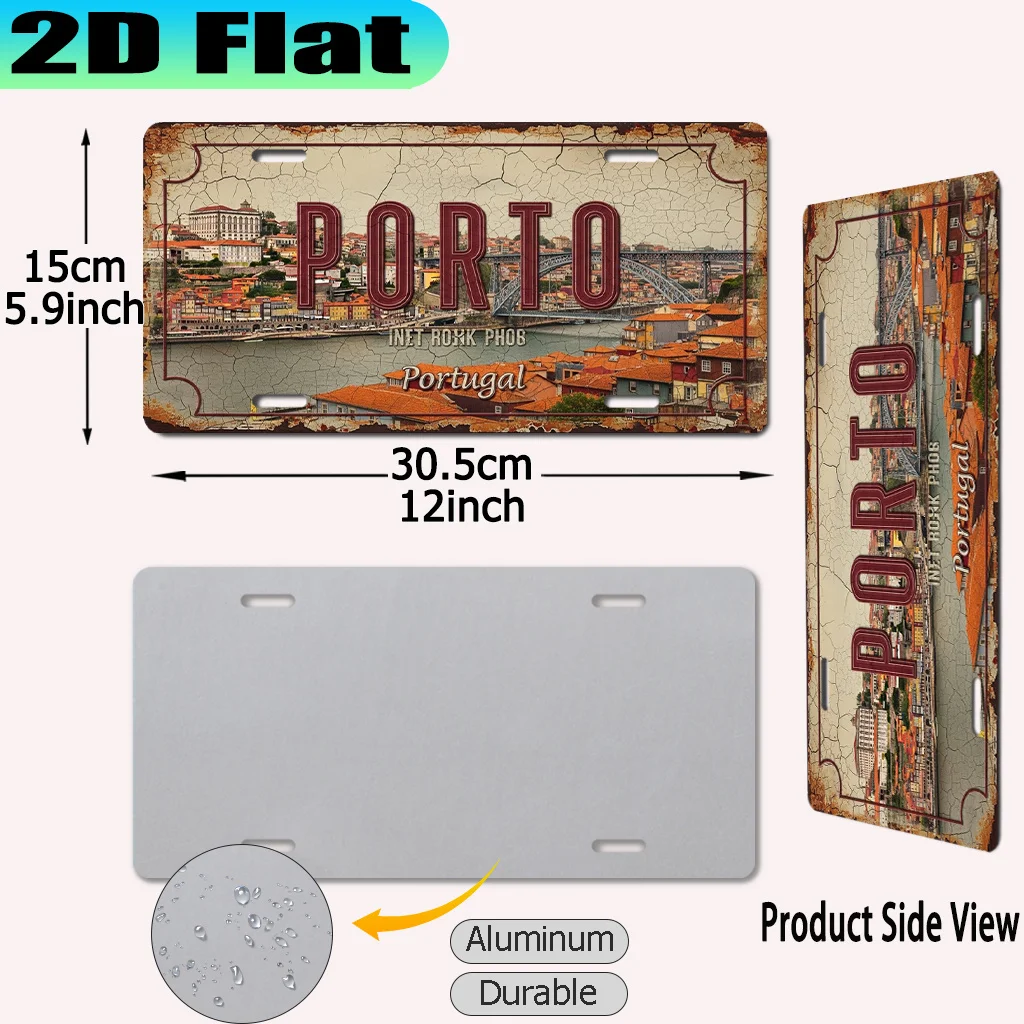 2D Flat, [2D Flat] 2D Flat Printing, 1pc, Porto  Aluminum Sign License Plate (30.48x15.24cm),  Urban Style, Travel Enthusiast Gi