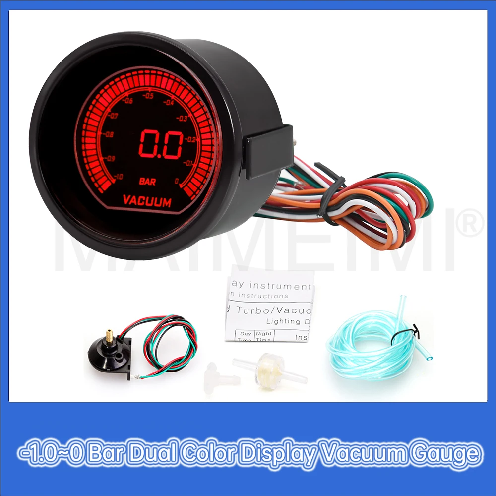 52mm Digital pointer Vacuum Meter with  Red and Blue Backlights For Car Racing 12V Gasoline -1.0~0 Bar Dual Color Display Vacuum