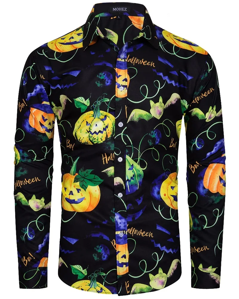Mens Halloween Pumpkin Shirt All Over Printed Pumpkin Graphic Button Down Lapel Blouses Plus Size Scary Tee Shirts Clothes