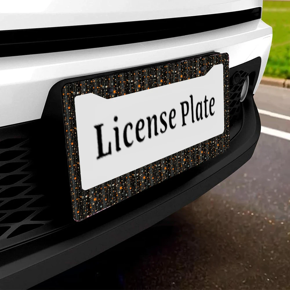 1 Buah Bingkai Plat Nomor 2 Lubang Pola Malam Berbintang Hitam dan Oranye, Bahan Aluminium, 6X12 Inci, dengan Kit Sekrup, Retro Nov