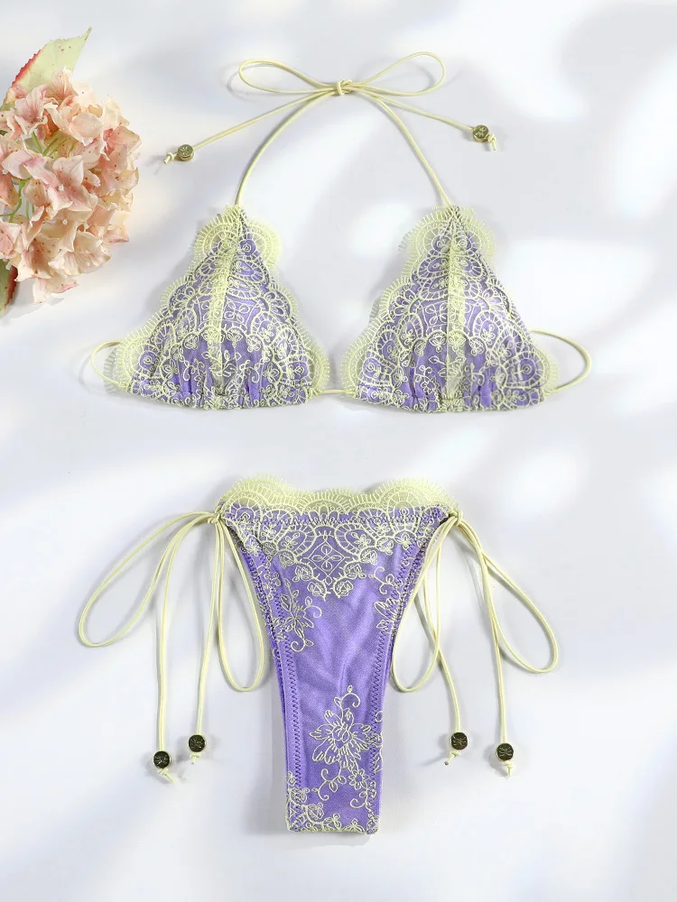 Purple Bikini String Swimsuits 2026 Triangle Bikinis High Cut Swimwear Sexy Swimsuit Patchwork Swimsuit Holiday Beachwear