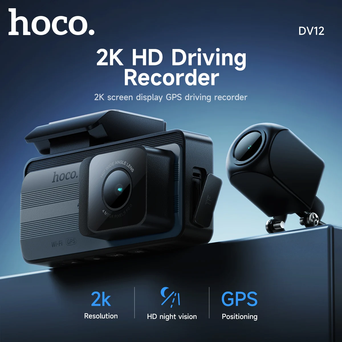 

HOCO DV12 HD Driving Recorder In Car 2K Display GPS With Rear Camera Support WiFi APP Function built-in GPS Positions