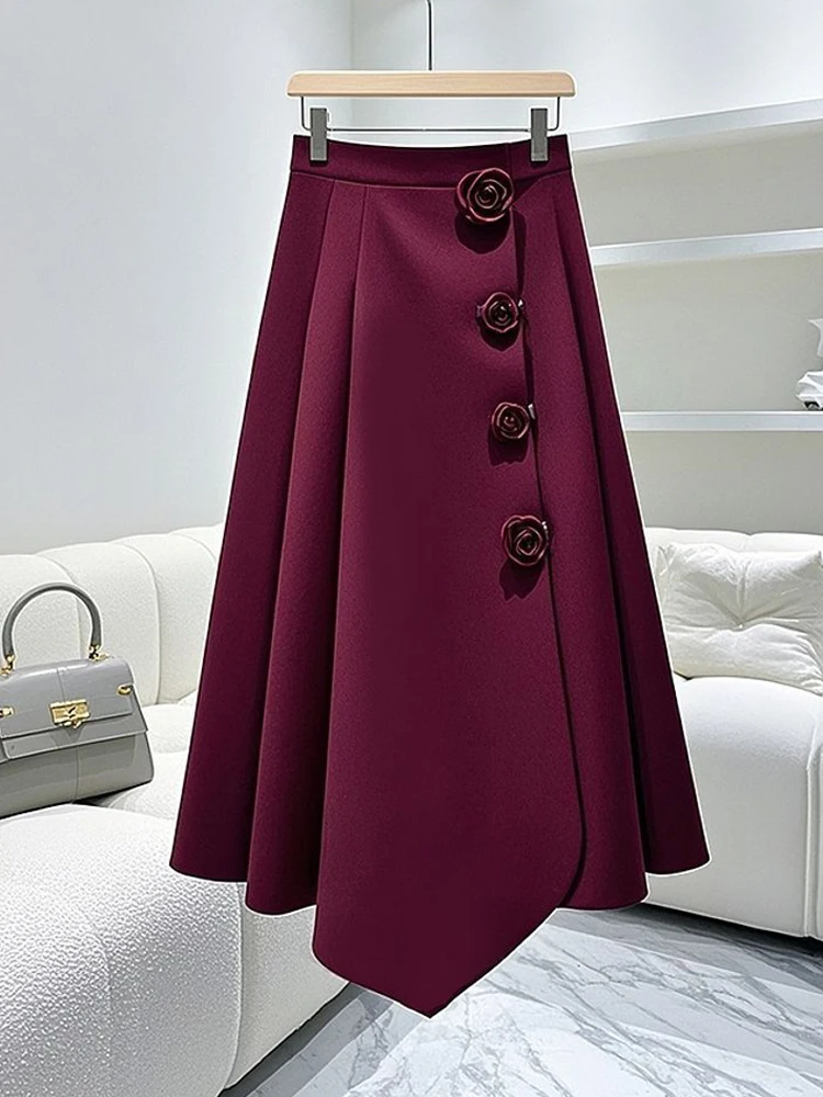 French Ankela Red Irregular Women's Half length Skirt 2024 Autumn/Winter High Waist Rose Design Sense A-line Skirt