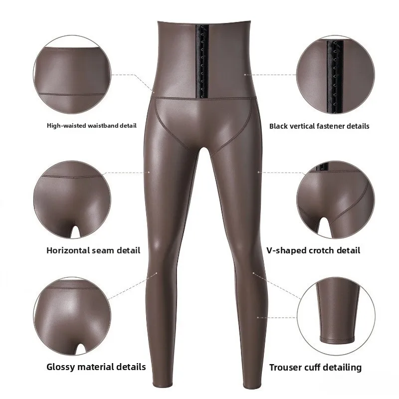Men Leather Shaping Leggings Hook Closure High Waist Compression Tummy Control Body Shaper