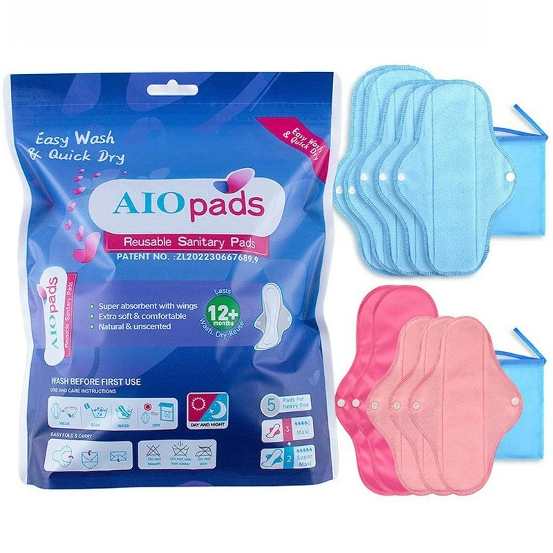 Pink Reusable Washable Sanitary Pads Set Eco-Friendly Leakproof Absorbent Cloth Menstrual Pads With Snaps For Women Night Use