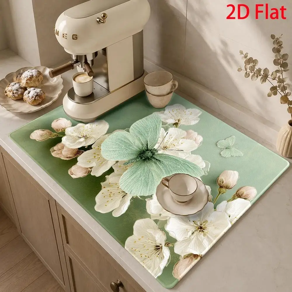 Butterfly Green White Flower Print Durable Washable Kitchen Countertop Drying Mat For Home Workspace Tray